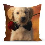 Gül Tutan Sevimli Köpek Yavrusu Dijital Baskılı Dekoratif Modern Yastık Kırlent Kılıfı Realhomes