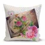 Krem Zeminde Güller Ve Fotoğraflar Dijital Baskılı Dekoratif Modern Yastık Kırlent Kılıfı Realhomes