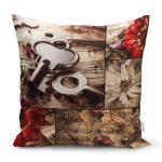 Kağıt Üzerinde Çiçek Ve Anahtar Desenli Dijital Baskılı Dekoratif Modern Yastık Kırlent Kılıfı Realhomes