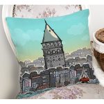 - Print - Realhomes Galata Kulesi İllüstrasyon Dijital Baskılı Dekoratif Modern Yastık Kırlent Kılıfı Realhomes