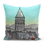 - Print - Realhomes Galata Kulesi İllüstrasyon Dijital Baskılı Dekoratif Modern Yastık Kırlent Kılıfı Realhomes