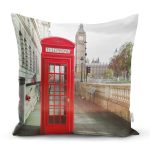 - Rh-K229 - Realhomes Kırmızı Telefon Kulübesi Tasarımlı Dijital Baskılı Dekoratif Yastık Kırlent Kılıfı Realhomes