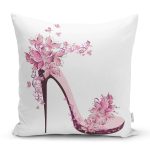 - Rh-K231 - Realhomes Pembe Çiçekli Topuklu Ayakkabı İllüstrasyon Dijital Baskılı Dekoratif Yastık Kırlent Kılıfı Realhomes