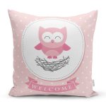 Pembe Zeminde Sevimli Baykuş Çizimli Dijital Baskılı Dekoratif Yastık Kırlent Kılıfı Realhomes