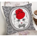 - Rh-K300-1 - Realhomes Kırmızı Şapkalı Kedi Tasarımlı Dijital Baskılı Dekoratif Yastık Kırlent Kılıfı Realhomes