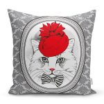 - Rh-K300 - Realhomes Kırmızı Şapkalı Kedi Tasarımlı Dijital Baskılı Dekoratif Yastık Kırlent Kılıfı Realhomes