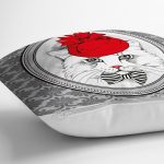 - Rh-K300-2 - Realhomes Kırmızı Şapkalı Kedi Tasarımlı Dijital Baskılı Dekoratif Yastık Kırlent Kılıfı Realhomes