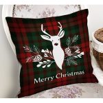 - Rh-K3038-1 - Realhomes Ekose Zeminde Beyaz Geyik Baskılı Özel Tasarımlı Dijital Baskılı Modern Yastık Kırlent Kılıfı Realhomes