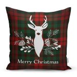 - Rh-K3038 - Realhomes Ekose Zeminde Beyaz Geyik Baskılı Özel Tasarımlı Dijital Baskılı Modern Yastık Kırlent Kılıfı Realhomes