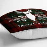 - Rh-K3038-2 - Realhomes Ekose Zeminde Beyaz Geyik Baskılı Özel Tasarımlı Dijital Baskılı Modern Yastık Kırlent Kılıfı Realhomes