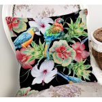 - Rh-K3428-1 - Realhomes Siyah Zeminde Tropikal Desen Özel Tasarım Modern Yastık Kırlent Kılıfı Realhomes