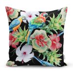 - Rh-K3428 - Realhomes Siyah Zeminde Tropikal Desen Özel Tasarım Modern Yastık Kırlent Kılıfı Realhomes