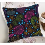 Siyah Zeminde Deniz Canlıları Çizimli Modern Yastık Kırlent Kılıfı Realhomes