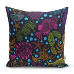 Siyah Zeminde Deniz Canlıları Çizimli Modern Yastık Kırlent Kılıfı Realhomes