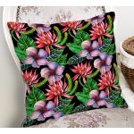 - Rh-K3444-1 - Realhomes Siyah Zeminde Suluboya Tropik Bitkiler Tasarımlı Modern Yastık Kırlent Kılıfı Realhomes