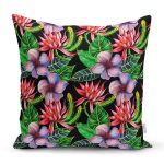 - Rh-K3444 - Realhomes Siyah Zeminde Suluboya Tropik Bitkiler Tasarımlı Modern Yastık Kırlent Kılıfı Realhomes