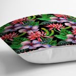 - Rh-K3444-2 - Realhomes Siyah Zeminde Suluboya Tropik Bitkiler Tasarımlı Modern Yastık Kırlent Kılıfı Realhomes