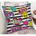 - Rh-K3454-1 - Realhomes Realhomes Kiss Love Pop Art Tasarımlı Dijital Baskılı Modern Yastık Kırlent Kılıfı Realhomes