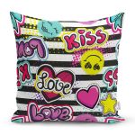 - Rh-K3454 - Realhomes Realhomes Kiss Love Pop Art Tasarımlı Dijital Baskılı Modern Yastık Kırlent Kılıfı Realhomes