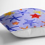 - Rh-K3458-2 - Realhomes Çizgili Mavi Deniz Yıldızı Özel Tasarım Dijital Baskılı Modern Yastık Kırlent Kılıfı Realhomes