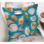Realhomes Mavi Zeminde Deniz Kabukları Dijital Baskılı Modern Yastık Kırlent Kılıfı Realhomes