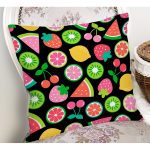 - Rh-K3484-1 - Realhomes Siyah Zeminli Meyveler Tasarımlı Dijital Baskılı Modern Yastık Kırlent Kılıfı Realhomes