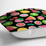 - Rh-K3484-2 - Realhomes Siyah Zeminli Meyveler Tasarımlı Dijital Baskılı Modern Yastık Kırlent Kılıfı Realhomes