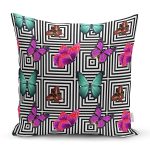 - Rh-K3485 - Realhomes Geometrik Zeminde Renkli Kelebekler Özel Tasarım Kırlent Kılıfı Realhomes