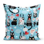 Mavi Zeminli Kedicikler Özel Tasarımlı Modern Yastık Kırlent Kılıfı Realhomes