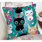 Mavi Zeminde Kedicikler Özel Tasarım Modern Yastık Kırlent Kılıfı Realhomes