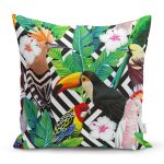 - Rh-K3502 - Realhomes Geometrik Zeminde Tropikal Desenli Dijital Baskılı Modern Yastık Kırlent Kılıfı Realhomes