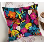 - Rh-K3512-1 - Realhomes Siyah Zeminde Tropikal Bitkiler Dijital Baskılı Modern Yastık Kırlent Kılıfı Realhomes