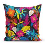 - Rh-K3512 - Realhomes Siyah Zeminde Tropikal Bitkiler Dijital Baskılı Modern Yastık Kırlent Kılıfı Realhomes