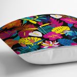 - Rh-K3512-2 - Realhomes Siyah Zeminde Tropikal Bitkiler Dijital Baskılı Modern Yastık Kırlent Kılıfı Realhomes