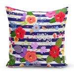 - Rh-K3525 - Realhomes Mavi Çizgili Çiçek Desenli Özel Tasarım Dijital Baskılı Modern Yastık Kırlent Kılıfı Realhomes