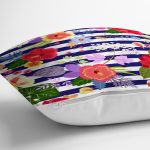 - Rh-K3525-2 - Realhomes Mavi Çizgili Çiçek Desenli Özel Tasarım Dijital Baskılı Modern Yastık Kırlent Kılıfı Realhomes