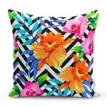 - Rh-K3532 - Realhomes Geometrik Zeminli Çiçekler Özel Tasarımlı Dijital Baskılı Yastık Kırlent Kılıfı Realhomes