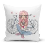 - Rh-K3542 - Realhomes  Fashion Bisikletli Kız Motifli Dijital Baskılı Modern Yastık Kırlent Kılıfı Realhomes