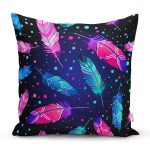 - Rh-K3831 - Realhomes  Lacivert Zeminde Renkli Tüyler Desenli Yastık Kırlent Kılıfı Realhomes