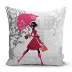 - Rh-K39 - Realhomes Şemsiyeli Kadın İllüstrasyon Dijital Baskılı Dekoratif Yastık Kırlent Kılıfı Realhomes