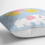 - Rh-K4308m-2 - Realhomes Mavi Zeminde Fil ve Balon Desenli Çocuk Odası Yastık Kırlent Kılıfı Realhomes