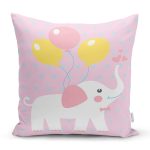 - Rh-K4308p - Realhomes Pembe Zeminde Fil ve Balon Motifli Çocuk Odası Yastık Kırlent Kılıfı Realhomes