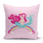 - Rh-K4317p - Realhomes Pembe Zeminde Denizkızı Desenli Dijital Baskılı Çocuk Odası Yastık Kırlent Kılıfı Realhomes