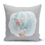 Realhomes Gri Zeminde Uçan Balon Desenli Dijital Baskılı Modern Yastık Kırlent Kılıfı Realhomes