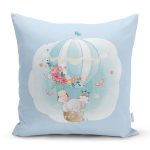 Realhomes Mavi Zeminde Uçan Balon Desenli Dijital Baskılı Modern Yastık Kırlent Kılıfı Realhomes