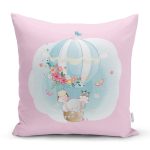 - Rh-K4320p - Realhomes Realhomes Pembe Zeminde Uçan Balon Desenli Dijital Baskılı Modern Yastık Kırlent Kılıfı Realhomes