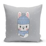 - Rh-K4323g - Realhomes Realhomes Gri Zeminde Sevimli Tavşan Motifli Modern Yastık Kırlent Kılıfı Realhomes