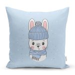 Realhomes Mavi Zeminde Sevimli Tavşan Motifli Modern Yastık Kırlent Kılıfı Realhomes