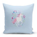 Realhomes Mavi Zeminde Unicorn Sevimli At Modern Yastık Kırlent Kılıfı Realhomes
