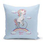 Realhomes Mavi Zeminde Bisiklet ve Unicorn Tasarımlı Modern Yastık Kırlent Kılıfı Realhomes